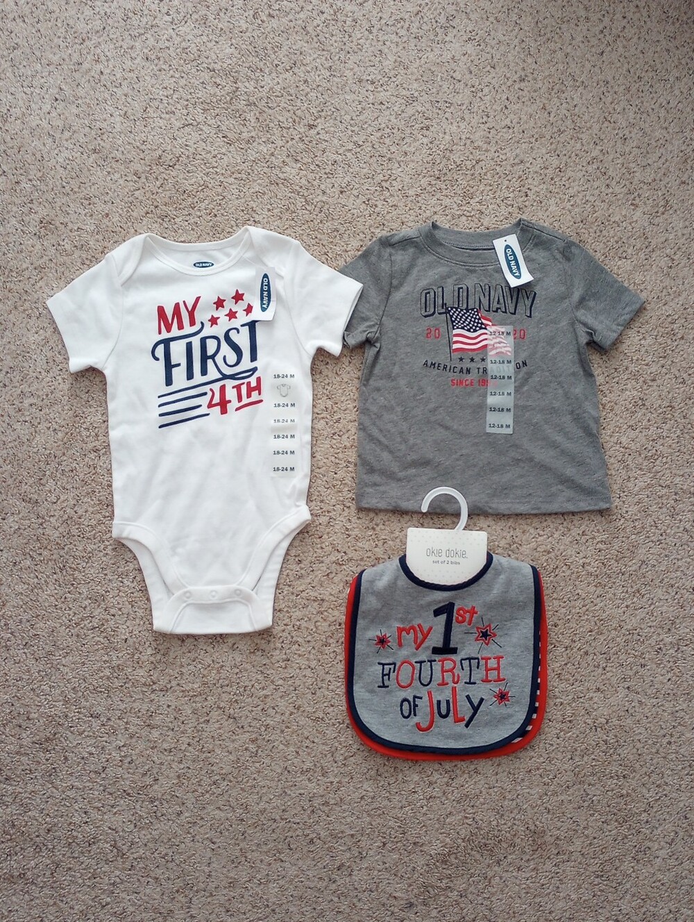 Old Navy My First 4th Onesie American Flag Shirt & Okie Dokie 4th Of July Bibs